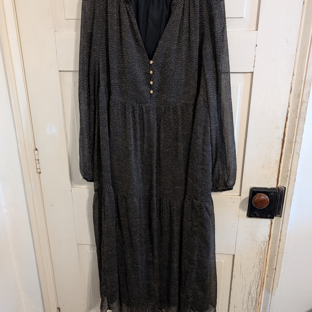 LOFT Black Printed Maxi Dress with Button Front